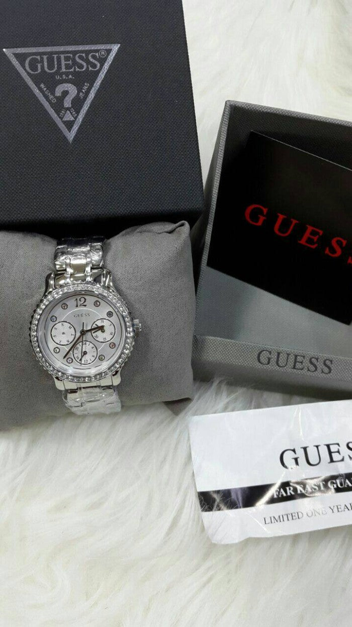  Shop Authentic Guess Enchanting Diamonds Silver Dial Silver Steel Strap Watch for Women - W0305L1 - Luxxuri