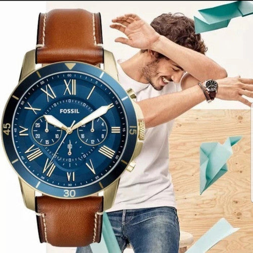  Shop Authentic Fossil Grant Sport Chronograph Blue Dial Brown Leather Strap Watch for Men - FS5268 - Luxxuri