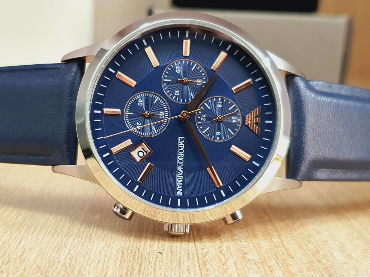  Shop Authentic Emporio Armani Renato Chronograph Blue Dial Black Leather Strap Watch For Men - AR11216 - Luxxuri