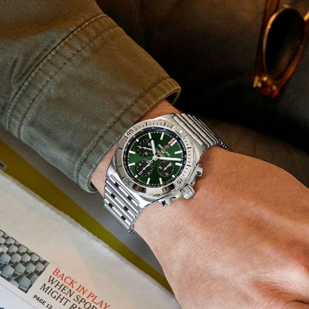  Shop Authentic Breitling Chronomat B01 42 Green Dial Silver Steel Strap Watch for Men - AB0134101L1A1 - Luxxuri
