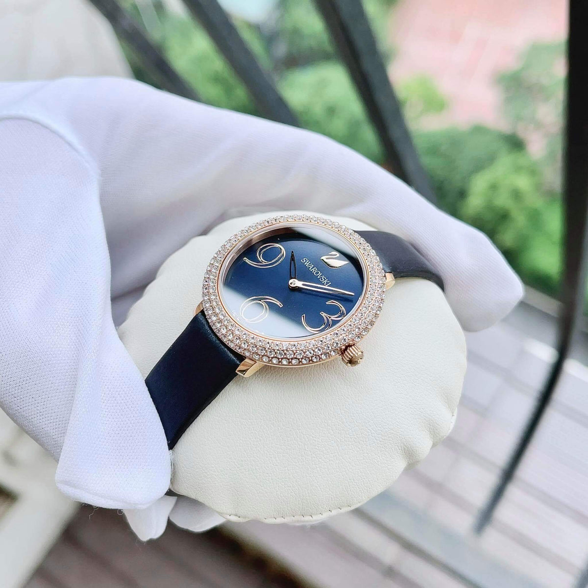  Shop Authentic Swarovski Crystal Frost Blue Dial Blue Leather Strap Watch for Women - 5484061 - Luxxuri