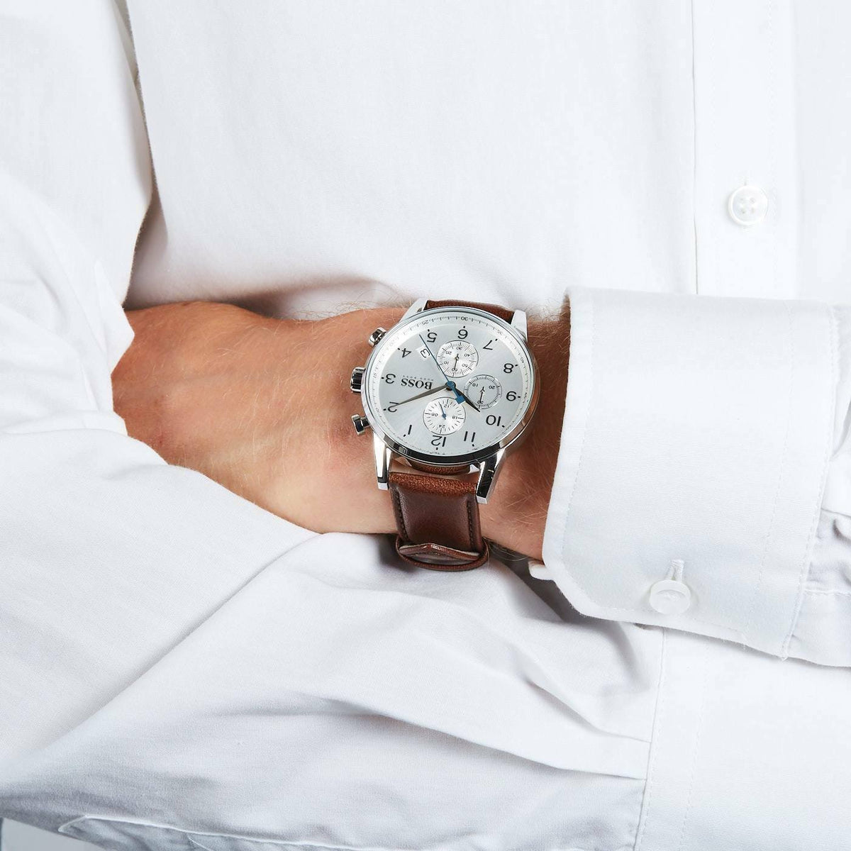  Shop Authentic Hugo Boss Navigator White Dial Brown Leather Strap Watch for Men - 1513495 - Luxxuri
