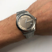 Shop Authentic Gucci G Timeless Brown Dial Silver Steel Strap Watch For Women - YA126503 - Luxxuri