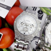  Shop Authentic Guess Multi Function Diamonds Silver Dial Silver Steel Strap Watch For Men - GW0455G1 - Luxxuri