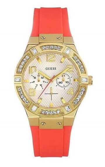  Shop Authentic Guess Jet Setter Golden Dial Orange Rubber Watch For Women - W0564L2 - Luxxuri