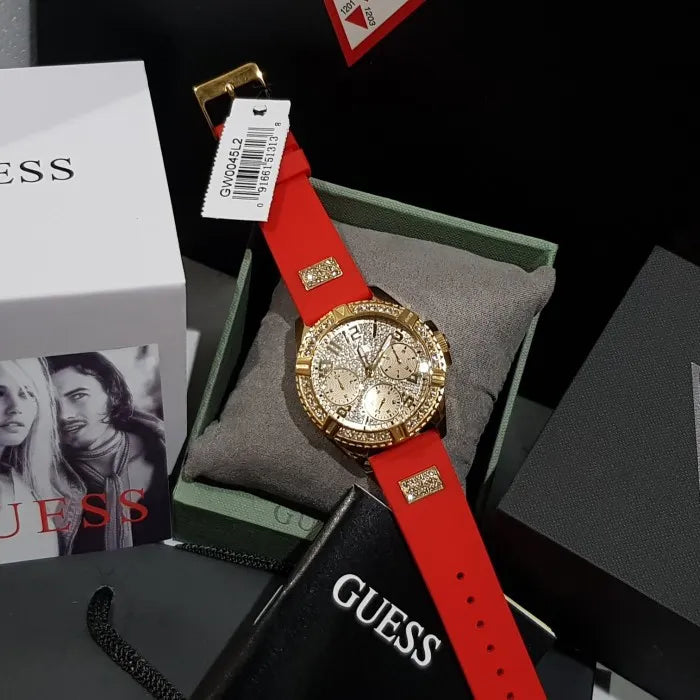  Shop Authentic Guess Frontier Diamonds Gold Dial Red Rubber Strap Watch for Women - GW0045L2 - Luxxuri
