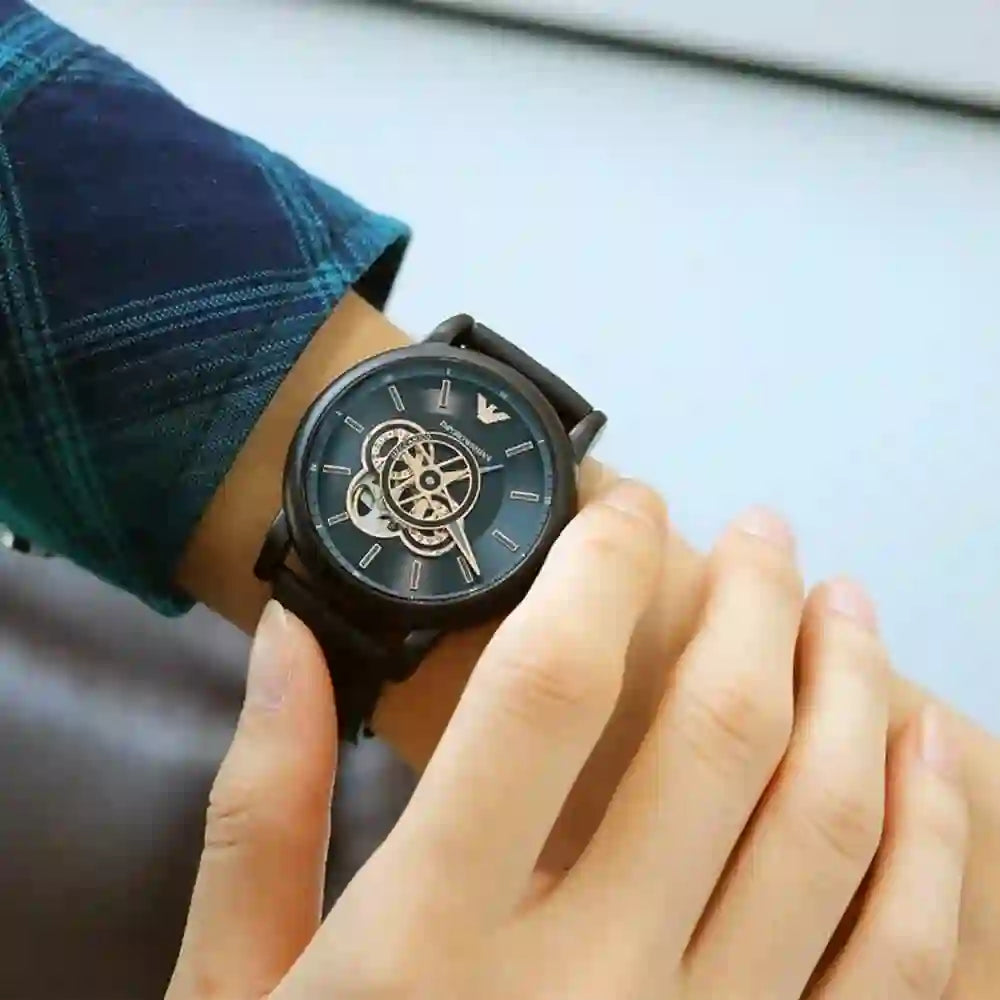  Shop Authentic Emporio Armani Luigi Automatic Skeleton Black Dial Black Leather Strap Watch For Men - AR60012 - Luxxuri