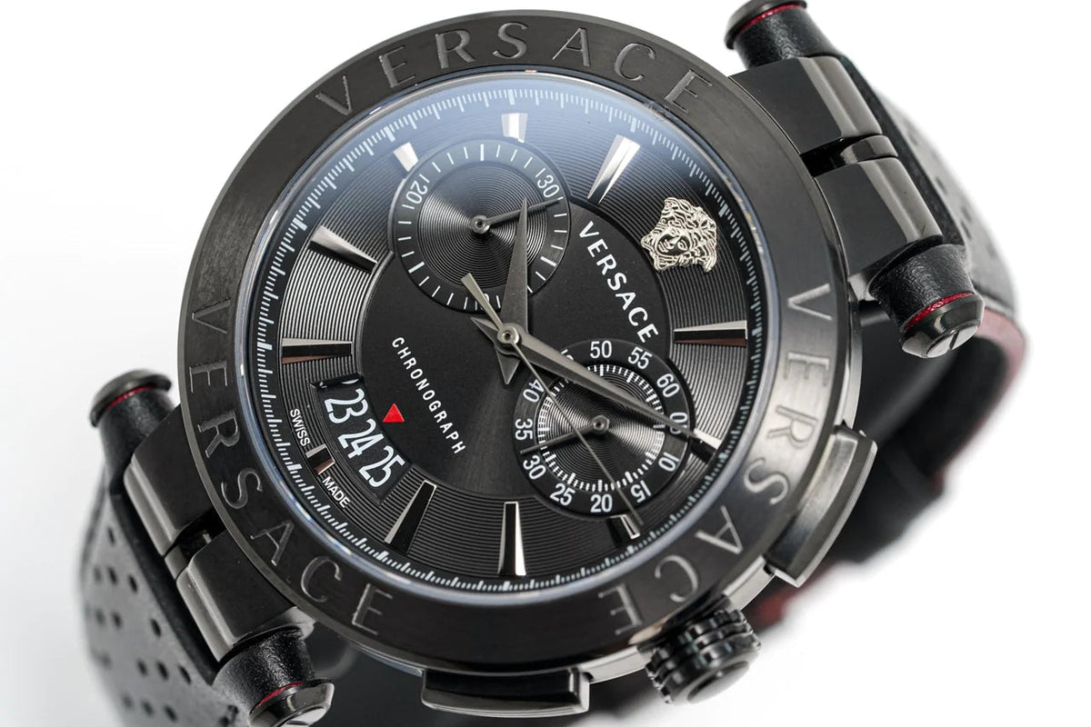  Shop Authentic Versace V-Racer Aion Chronograph Black Dial Black Leather Strap Watch for Men - VBR030017 - Luxxuri