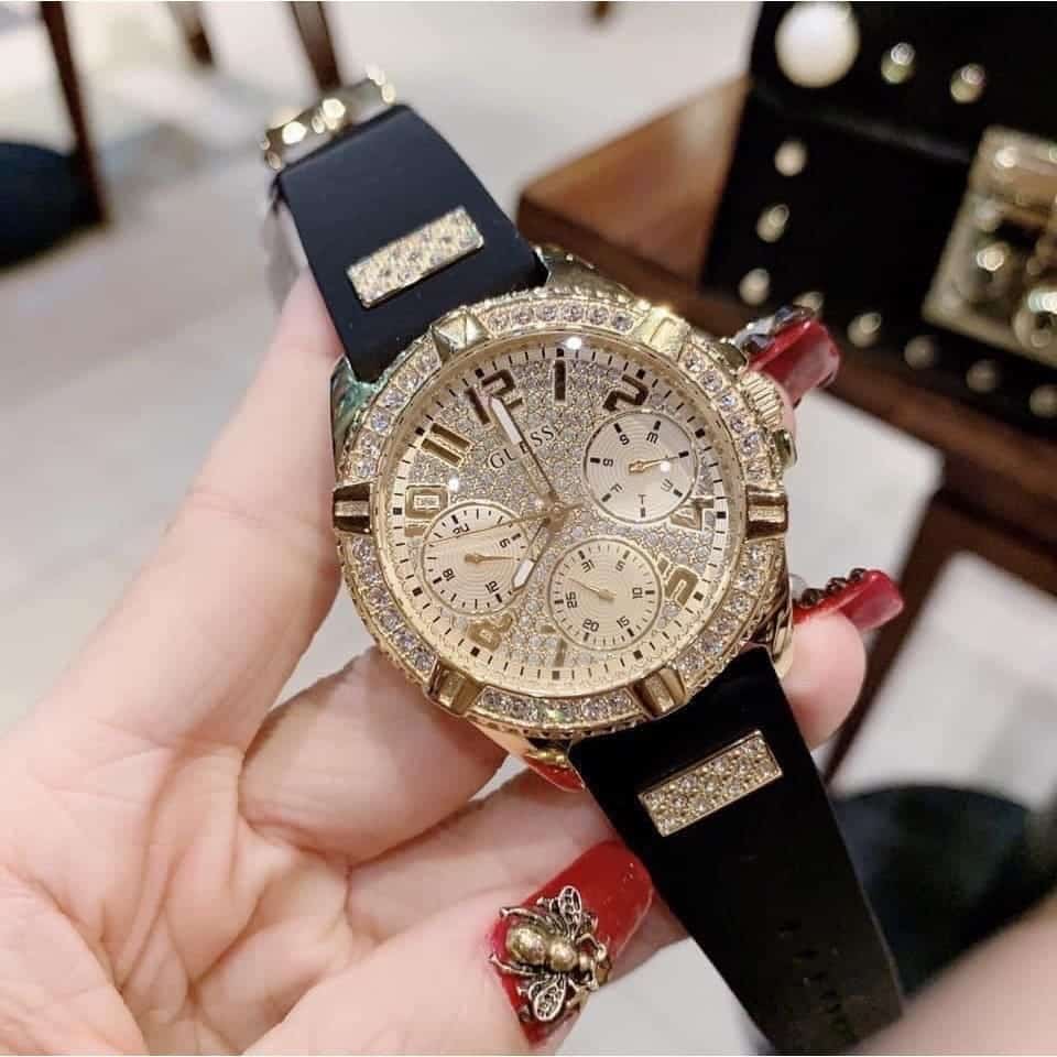  Shop Authentic Guess Frontier Diamonds Gold Dial Black Rubber Strap Watch For Women - W1160L1 - Luxxuri