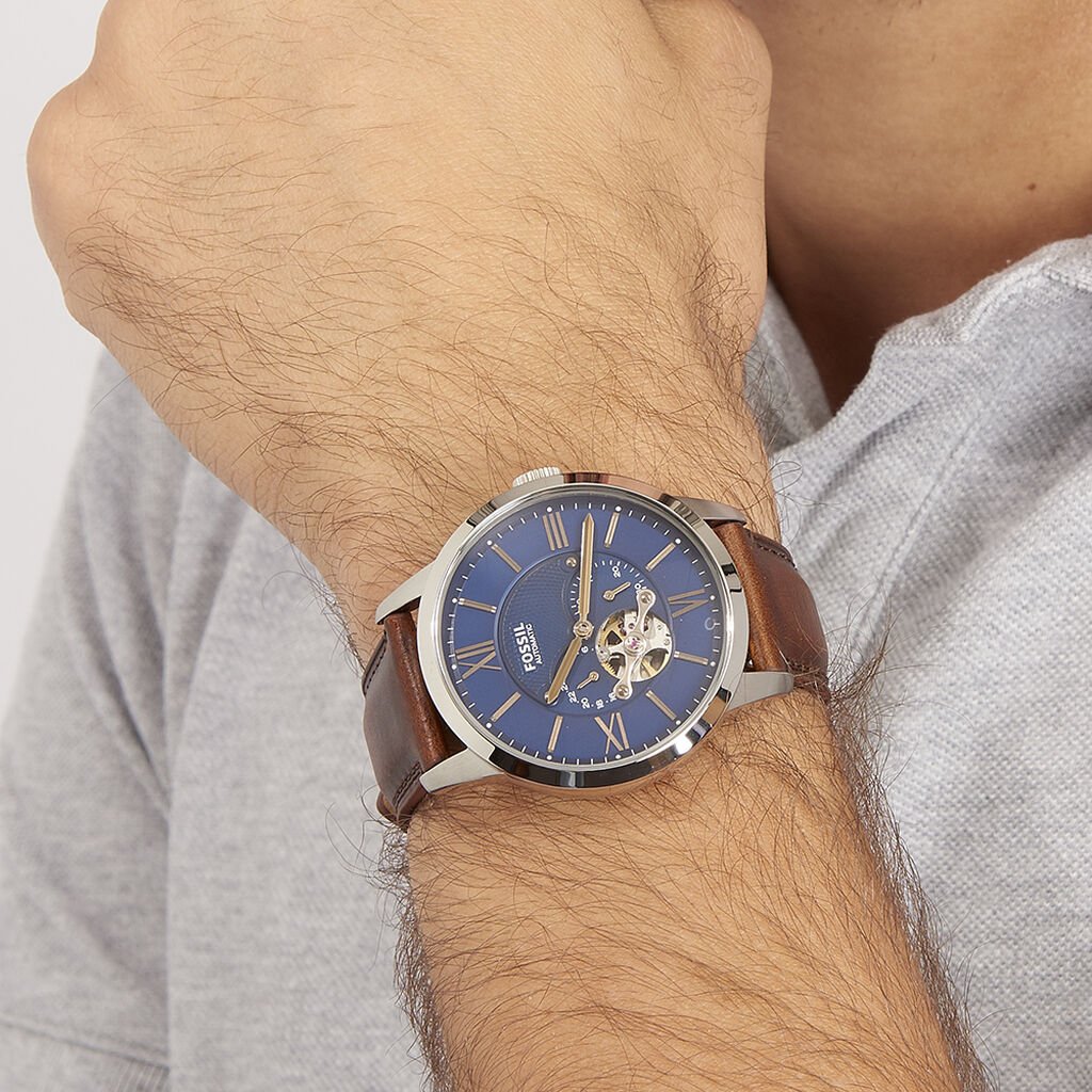  Shop Authentic Fossil Townsman Automatic Blue Dial Brown Leather Strap Watch for Men - ME3110 - Luxxuri