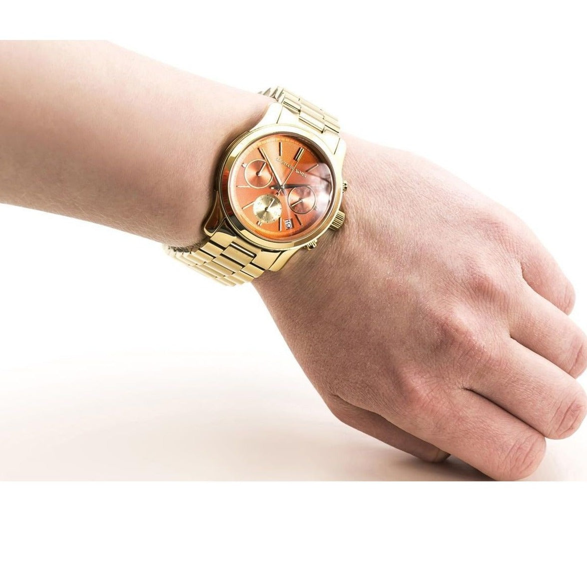  Shop Authentic Michael Kors Runway Chronograph Orange Dial Gold Steep Strap Watch For Women - MK6162 - Luxxuri