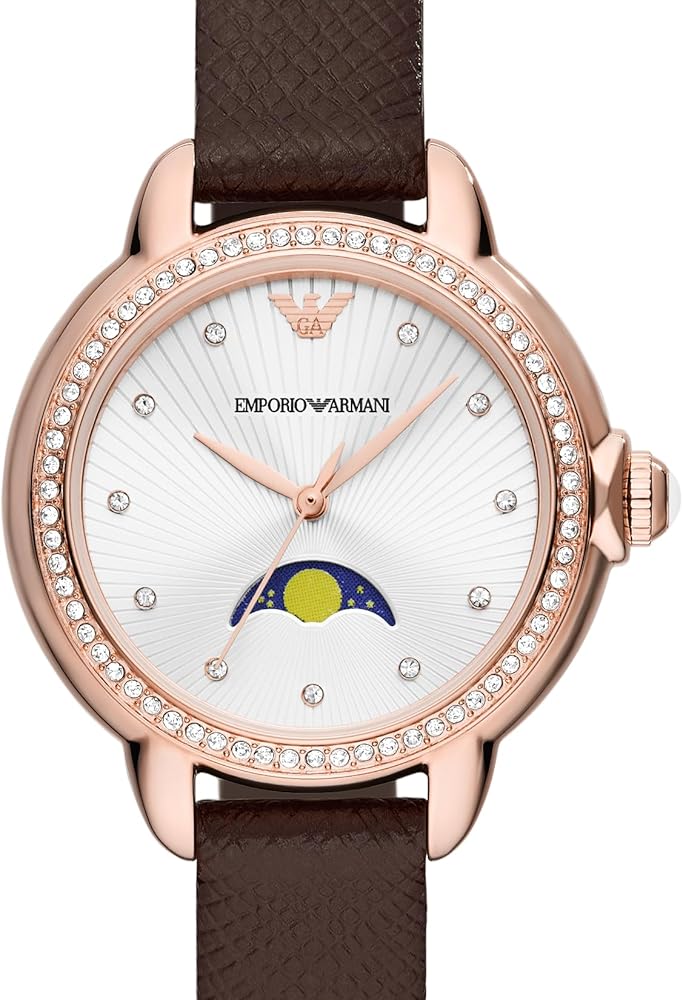  Shop Authentic Emporio Armani Mia Moonphase Silver Dial Brown Leather Strap Watch For Women - AR11568 - Luxxuri