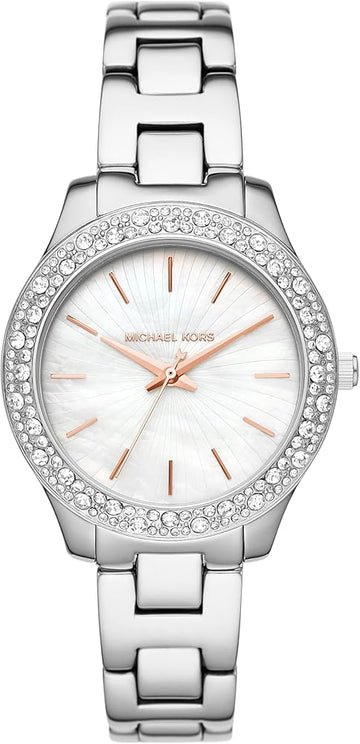  Shop Authentic Michael Kors Liliane Three Hand Mother of Pearl White Dial Silver Steel Strap Watch For Women - MK4556 - Luxxuri