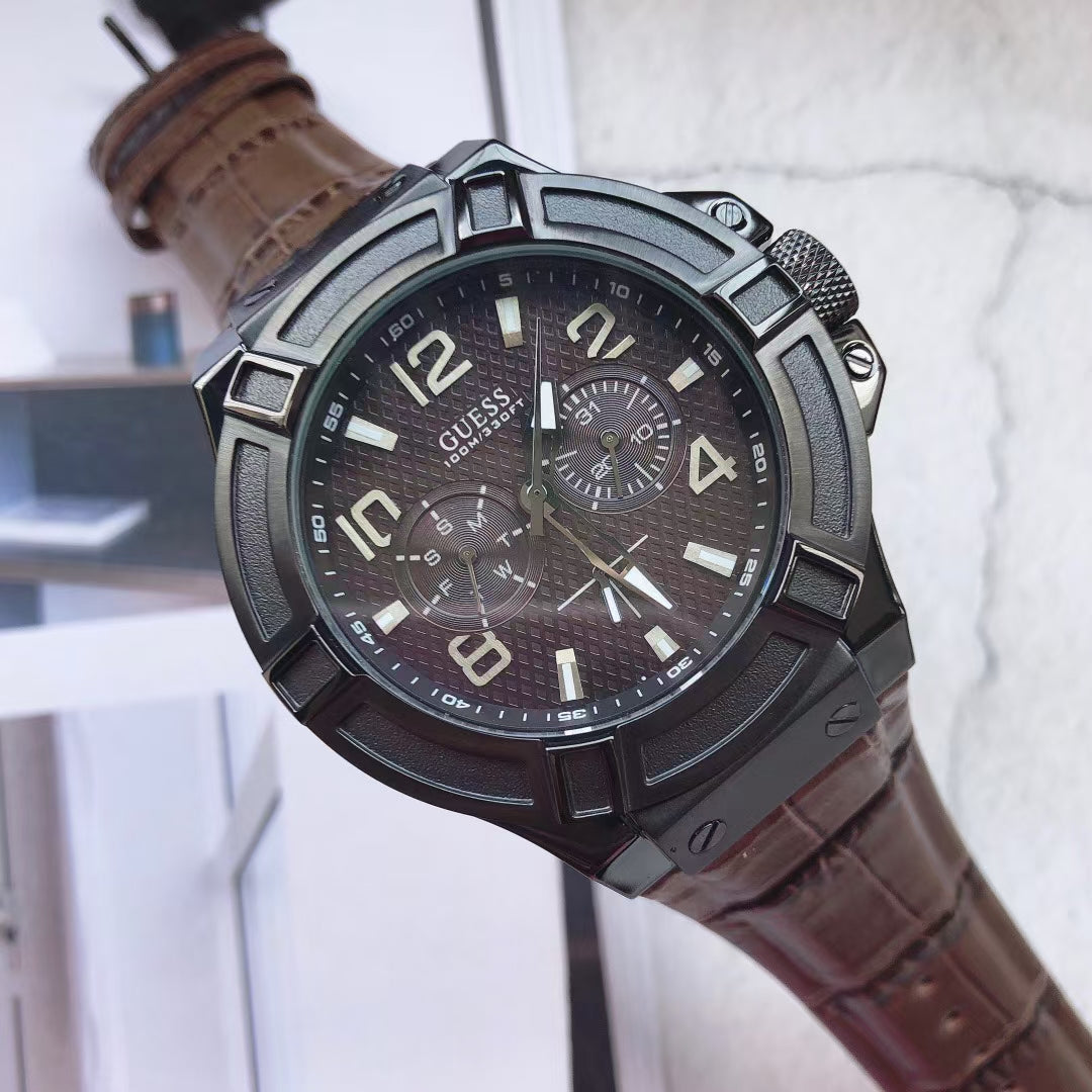  Shop Authentic Guess Rigor Analog Quartz Black Dial Brown Leather Strap Watch For Men - W0040G2 - Luxxuri