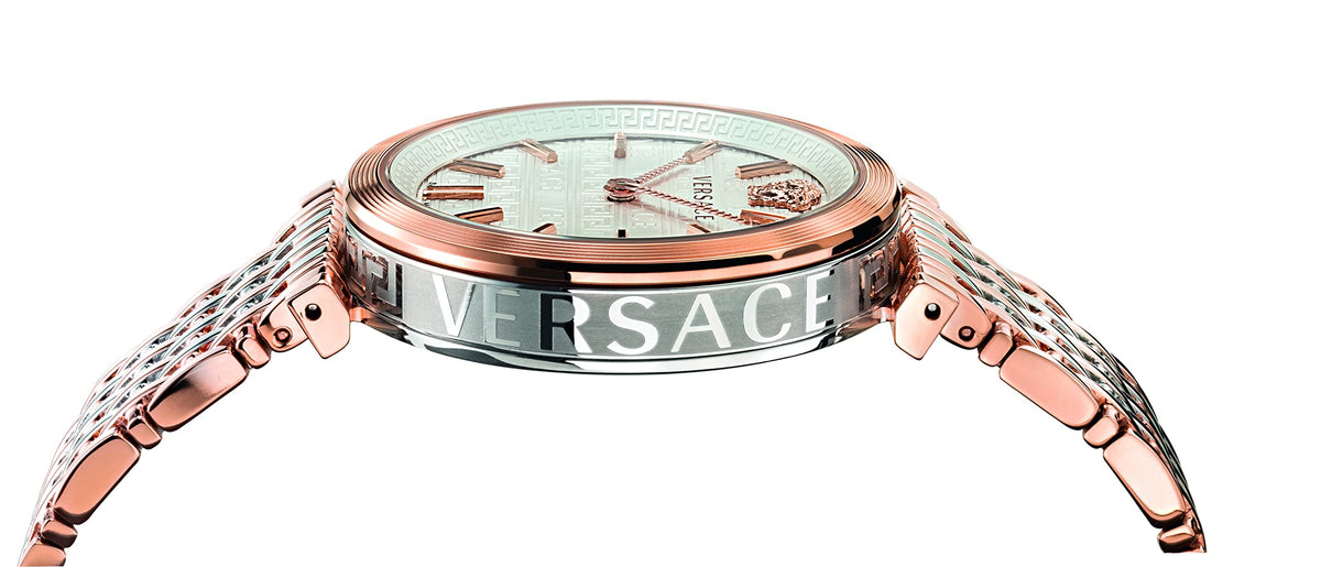 Shop Authentic Versace V-Twist White Dial Two Tone Mesh Bracelet Watch for Women - VELS00719 - Luxxuri