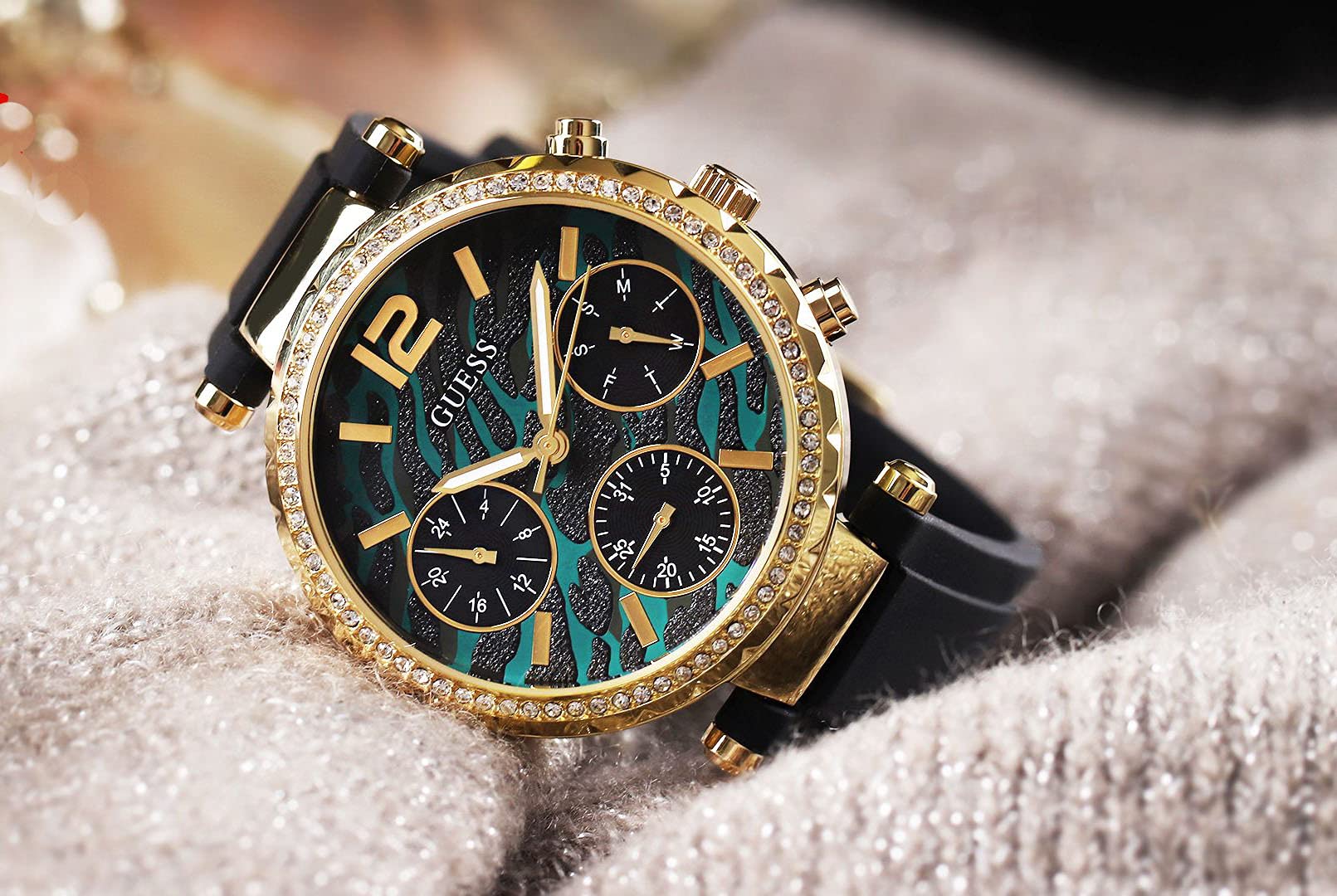  Shop Authentic Guess Solstice Green Dial Black Rubber Strap Watch for Women - GW0113L1 - Luxxuri