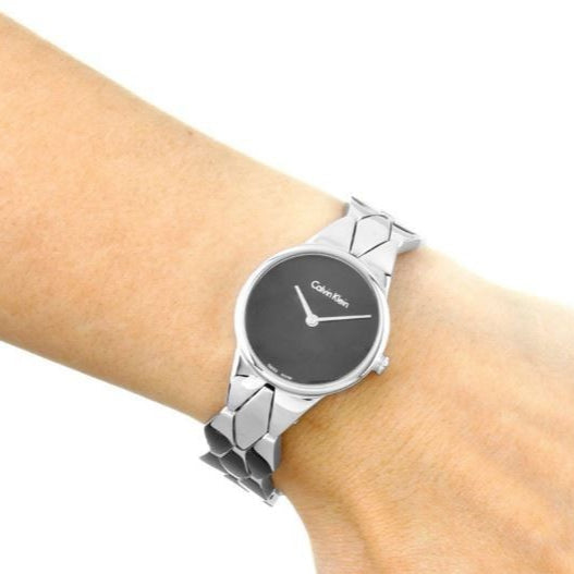  Shop Authentic Calvin Klein Snake Black Dial Silver Steel Strap Watch For Women - K6E23141 - Luxxuri