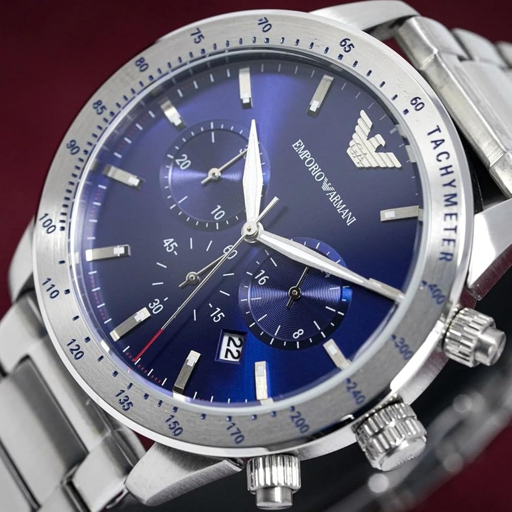  Shop Authentic Emporio Armani Mario Chronograph Blue Dial Silver Steel Strap Watch For Men - AR11306 - Luxxuri
