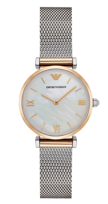  Shop Authentic Emporio Armani Gianni T Bar Mother of Pearl Dial Silver Mesh Bracelet Watch For Women - AR2068 - Luxxuri