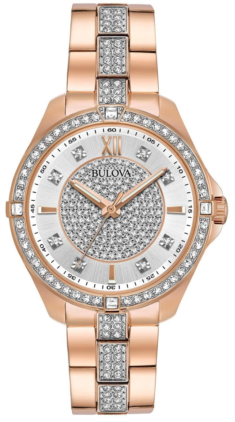  Shop Authentic Bulova Crystal Collection Silver Dial Rose Gold Steel Strap Watch for Women - 98L229 - Luxxuri