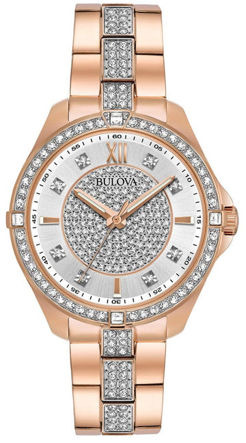  Shop Authentic Bulova Crystal Collection Silver Dial Rose Gold Steel Strap Watch for Women - 98L229 - Luxxuri