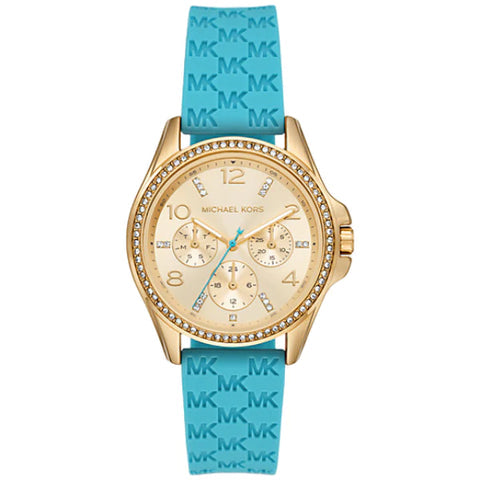  Shop Authentic Michael Kors Mini Pilot Quartz Gold Dial Blue Silicone Strap Watch For Women - MK7374 - Luxxuri