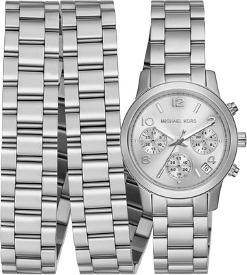  Shop Authentic Michael Kors Runway 18K Rhodium Plated Triple Wrap Silver Dial Silver Steel Strap Watch for Women - MK7451 - Luxxuri