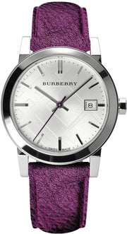  Shop Authentic Burberry The City Silver Dial Purple Leather Strap Watch for Women - BU9122 - Luxxuri