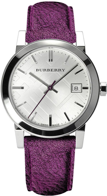  Shop Authentic Burberry The City Silver Dial Purple Leather Strap Watch for Women - BU9122 - Luxxuri