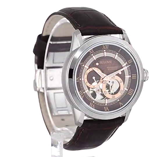  Shop Authentic Bulova Classic Skeleton Automatic Brown Dial Brown Leather Strap Watch for Men - 96A120 - Luxxuri
