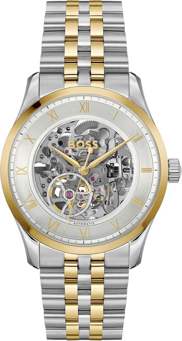 Hugo Boss Principle Skeleton Silver Dial Two Tone Steel Strap Watch for Men - 1514237