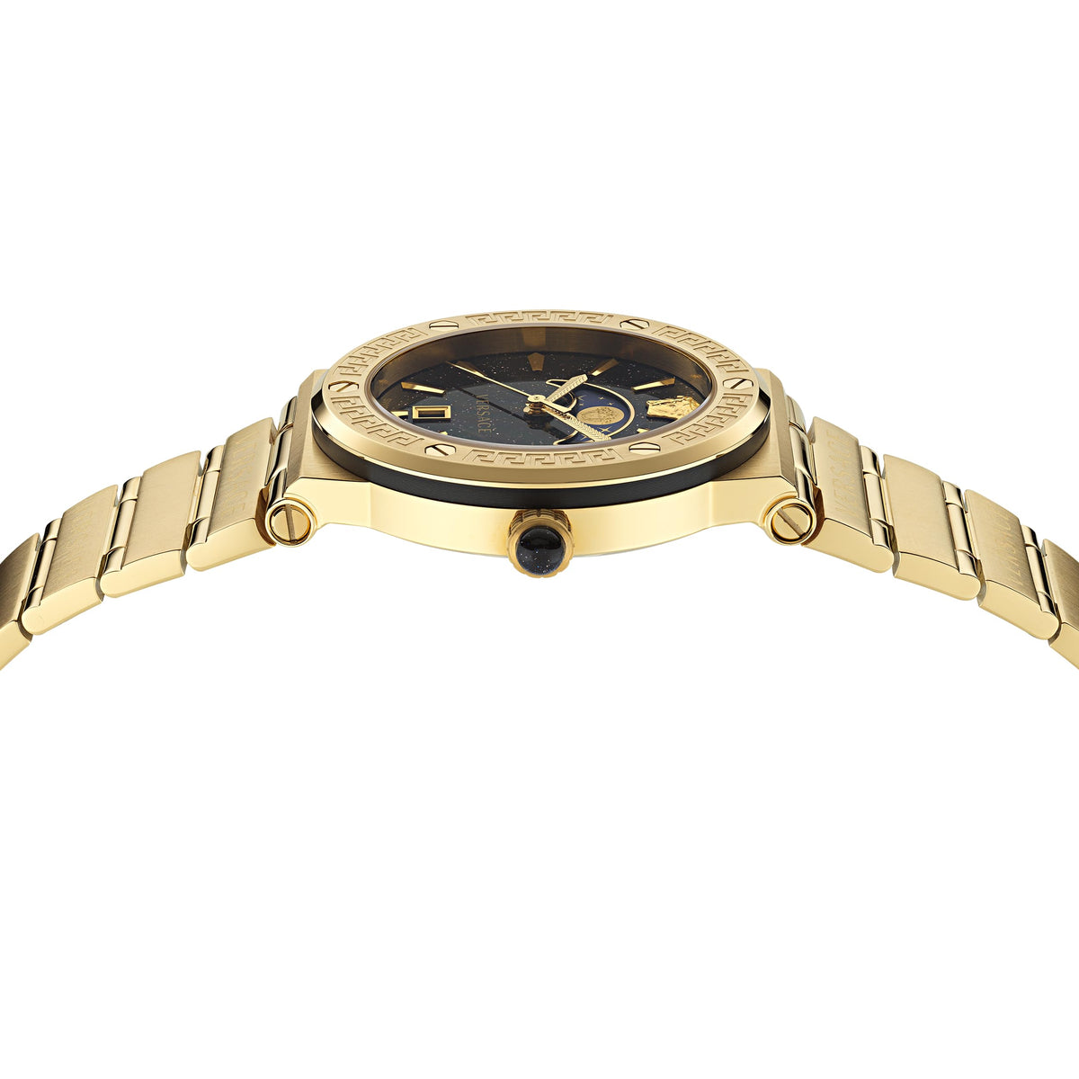  Shop Authentic Versace Greca Moonphase Quartz Black Dial Gold Steel Strap Watch for Men - VE7G00323 - Luxxuri