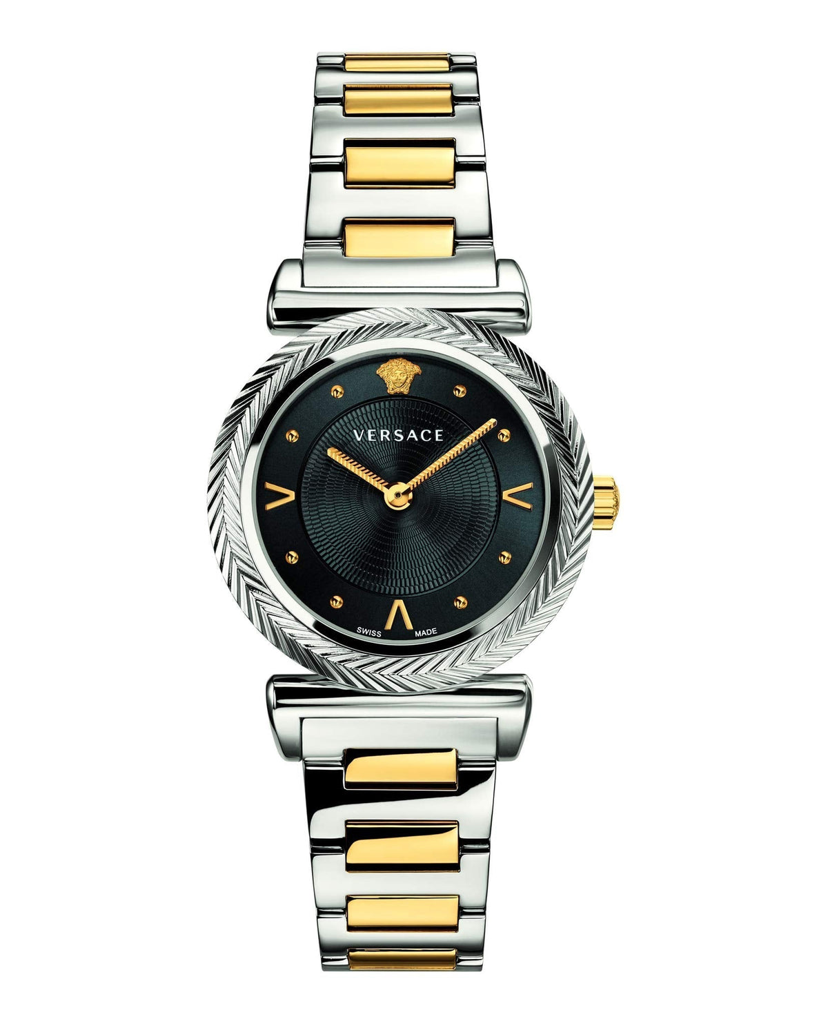  Shop Authentic Versace V-Motif Black Dial Two Tone Steel Strap Watch for Women - VERE00518 - Luxxuri