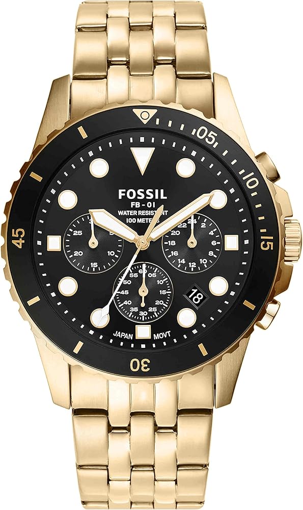  Shop Authentic Fossil FB-01 Chronograph Black Dial Gold Steel Strap Watch for Men - FS5836 - Luxxuri