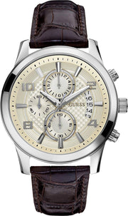  Shop Authentic Guess Exec Chronograph White Dial Brown Leather Strap Watch For Men - W0076G2 - Luxxuri