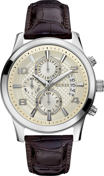  Shop Authentic Guess Exec Chronograph White Dial Brown Leather Strap Watch For Men - W0076G2 - Luxxuri