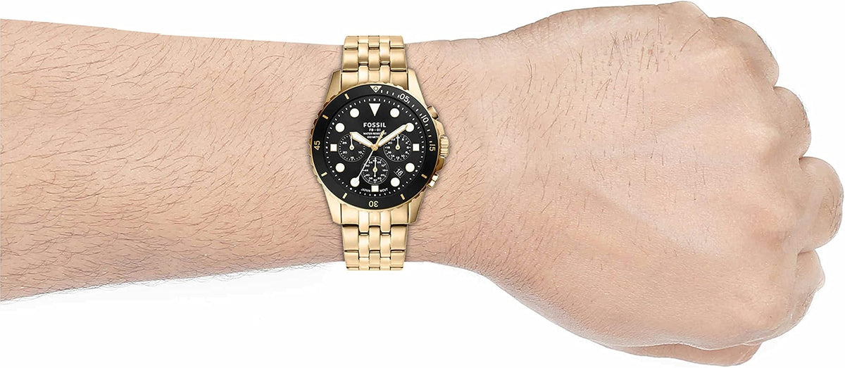  Shop Authentic Fossil FB-01 Chronograph Black Dial Gold Steel Strap Watch for Men - FS5836 - Luxxuri
