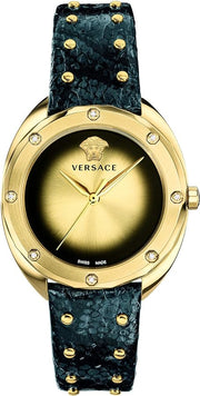  Shop Authentic Versace Shadov Gold Dial Green Leather Strap Watch For Women - VEBM01018 - Luxxuri