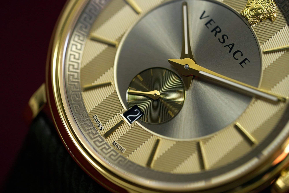  Shop Authentic Versace V-Circle Manifesto Gold Dial Black Leather Strap Watch for Men - VBQ030017 - Luxxuri