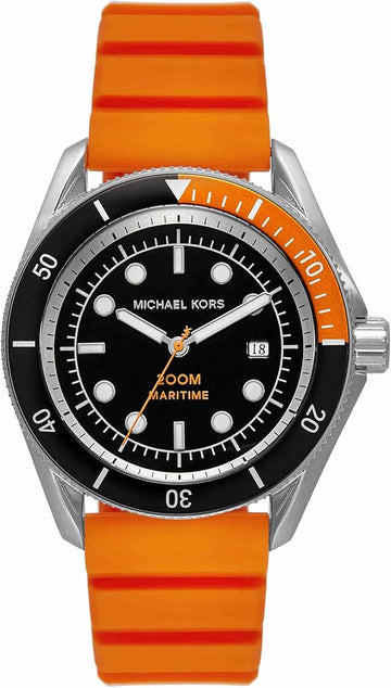  Shop Authentic Michael Kors Maritime Three-Hand Analog Black Dial Orange Silicone Strap Watch for Men - MK9157 - Luxxuri