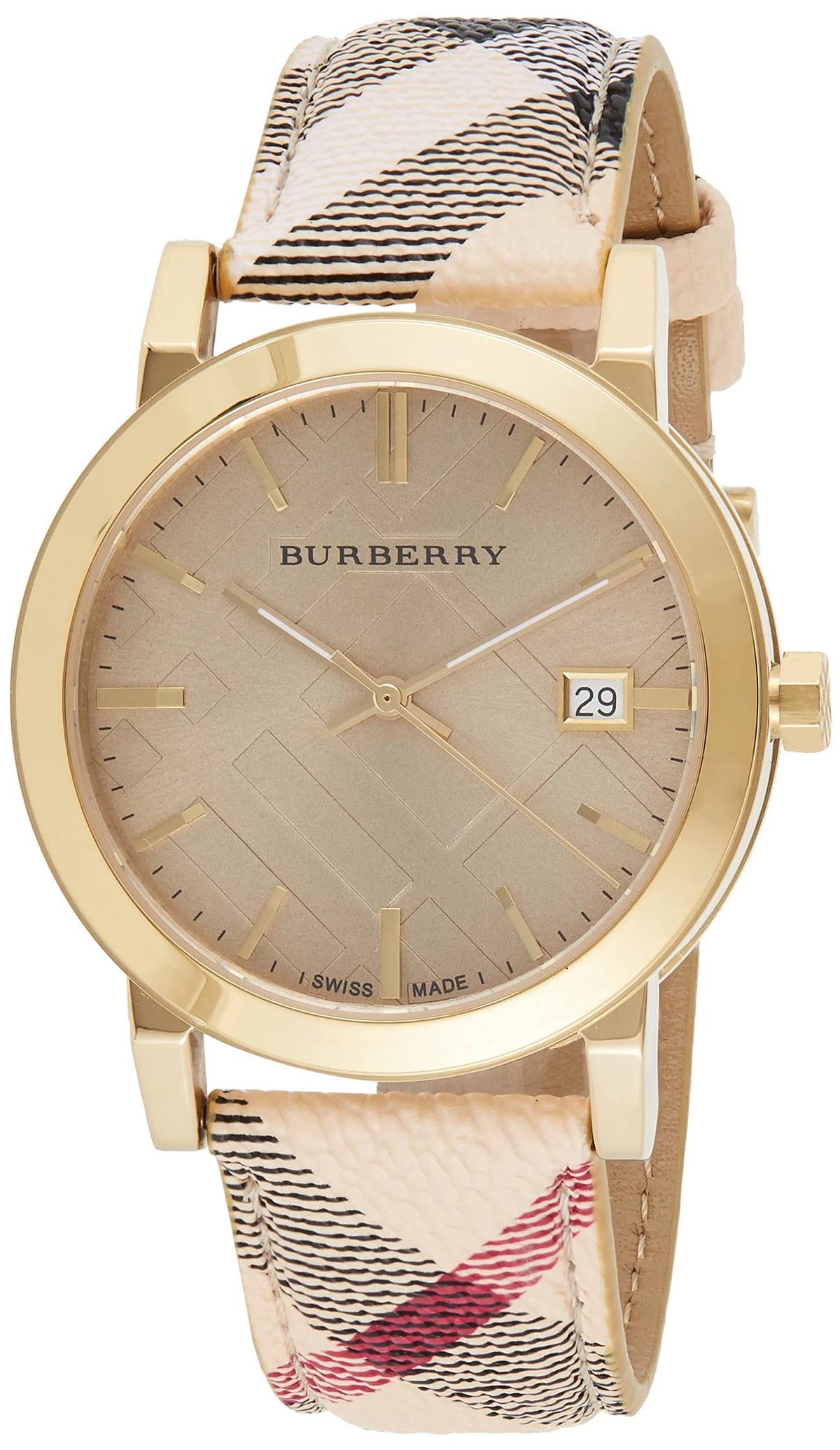  Shop Authentic Burberry The City Gold Dial Haymarket Brown Leather Strap Watch for Women - BU9026 - Luxxuri