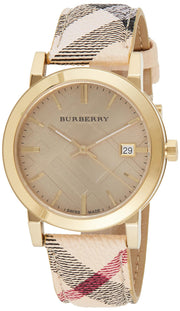  Shop Authentic Burberry The City Gold Dial Haymarket Brown Leather Strap Watch for Women - BU9026 - Luxxuri