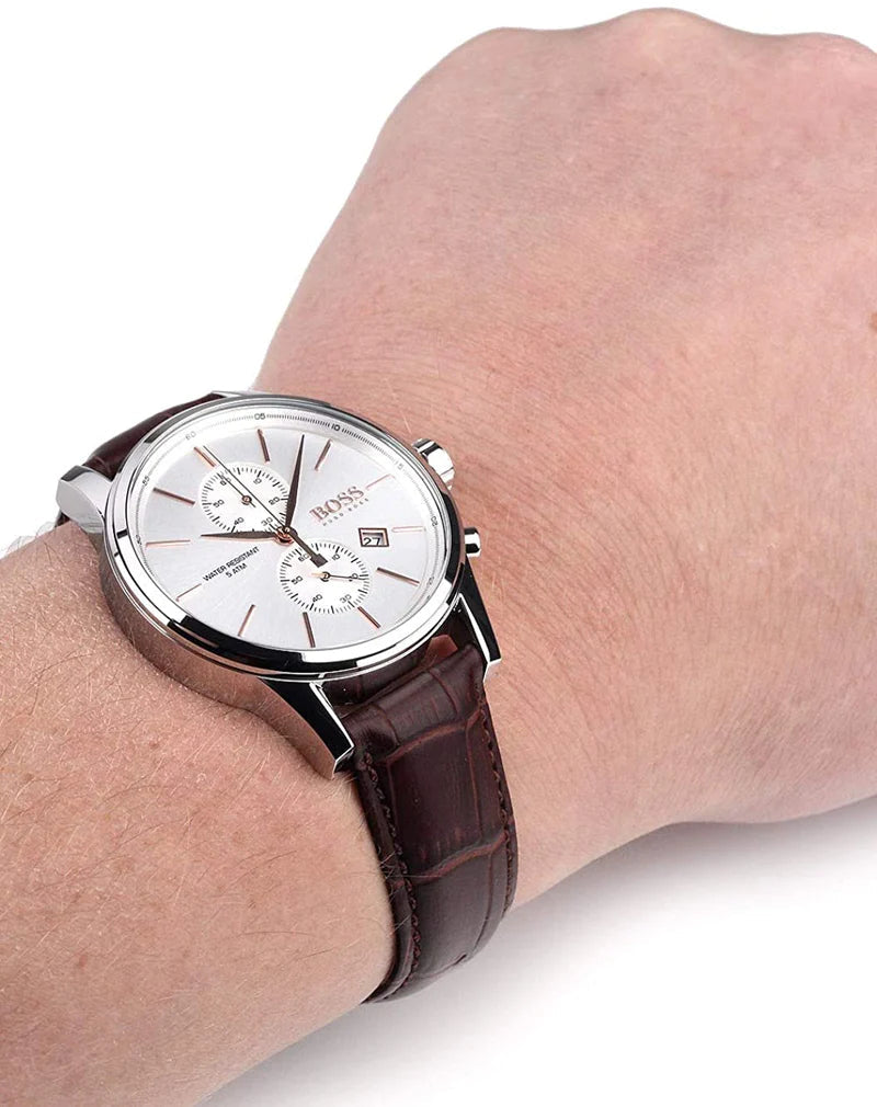  Shop Authentic Hugo Boss Jet Chronograph Quartz Silver Dial Brown Leather Strap Watch For Men - HB1513280 - Luxxuri