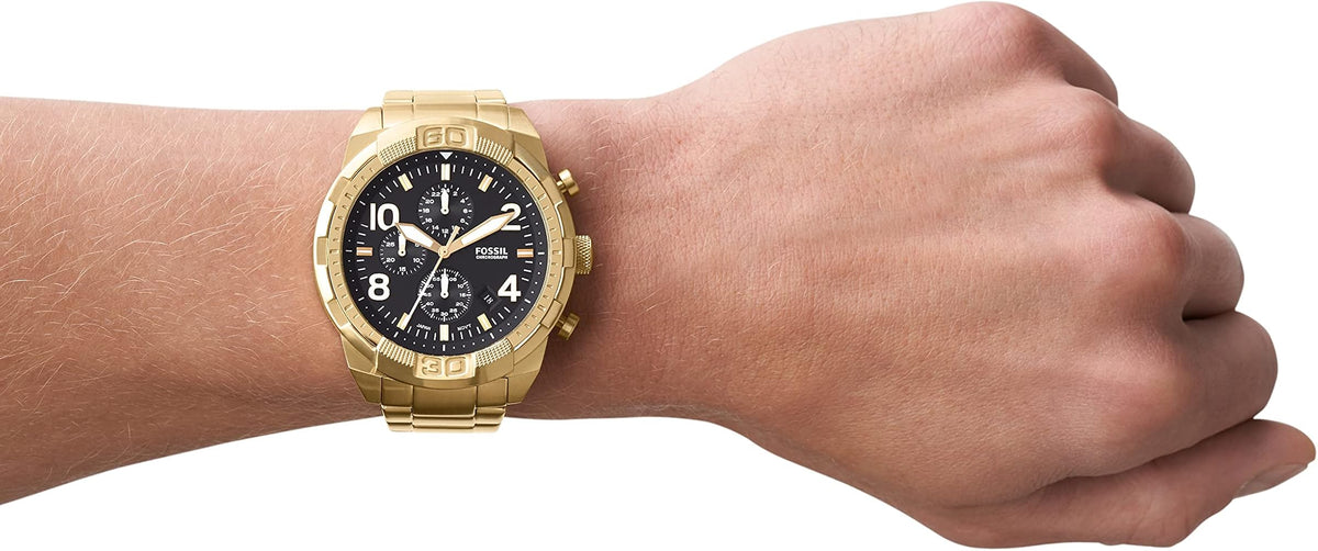  Shop Authentic Fossil Bronson Chronograph Black Dial Gold Steel Strap Watch for Men - FS5877 - Luxxuri
