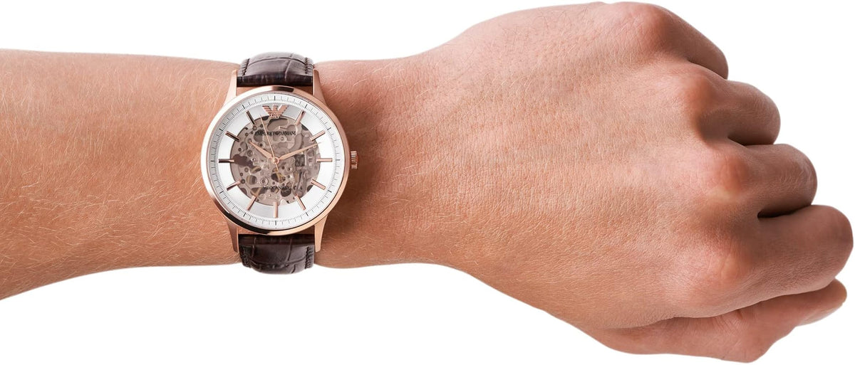  Shop Authentic Emporio Armani Meccanico Automatic Silver Dial Brown Leather Strap Watch For Men - AR60039 - Luxxuri