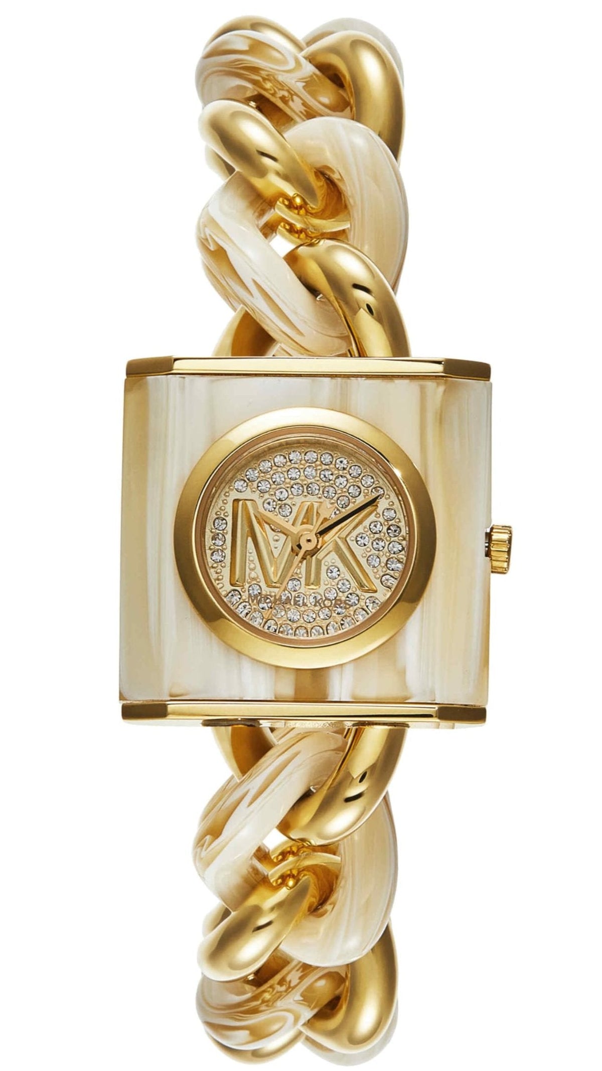  Shop Authentic Michael Kors Chain Lock Analog Crystals Silver Dial Gold Steel Strap Watch for Women - MK4809 - Luxxuri
