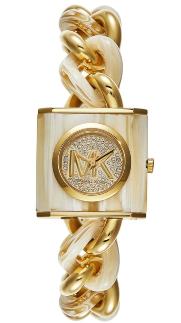  Shop Authentic Michael Kors Chain Lock Analog Crystals Silver Dial Gold Steel Strap Watch for Women - MK4809 - Luxxuri