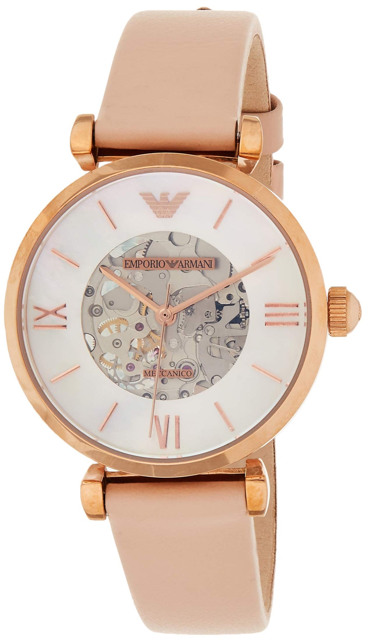  Shop Authentic Emporio Armani Meccanico Silver Skeleton Dial Beige Leather Strap Watch For Women - AR60001 - Luxxuri