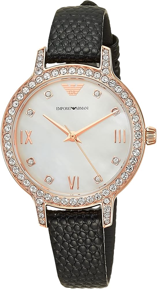  Shop Authentic Emporio Armani Cleo Three-Hand Mother of Pearl Dial Black Leather Strap Watch For Women - AR11485 - Luxxuri