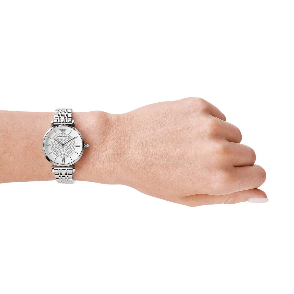  Shop Authentic Emporio Armani Gianni T Bar White Crystal Pave Dial Silver Stainless Steel Strap Watch For Women - AR1925 - Luxxuri